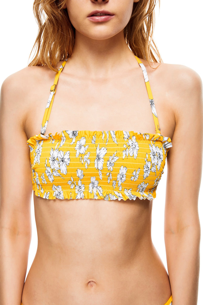 Floral print smoked bandeau bikini top front close view