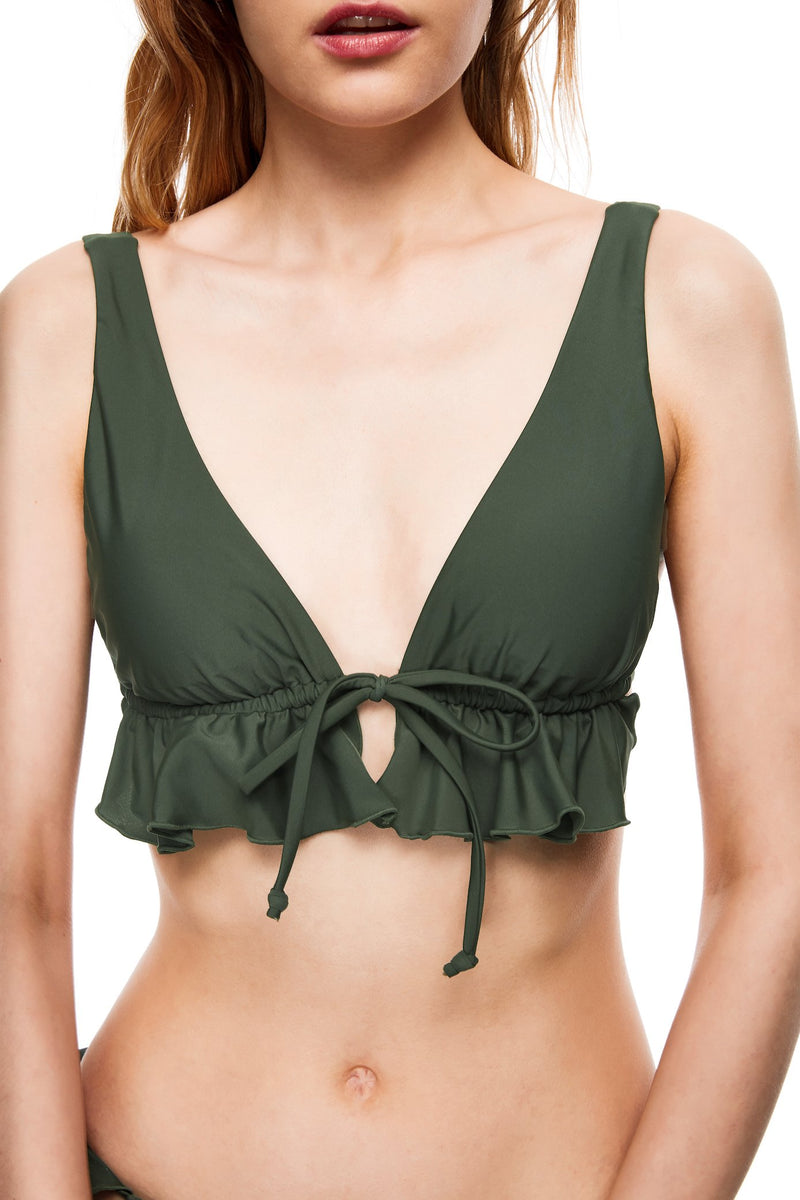 Dana front tie ruffle bikini top green color close view 