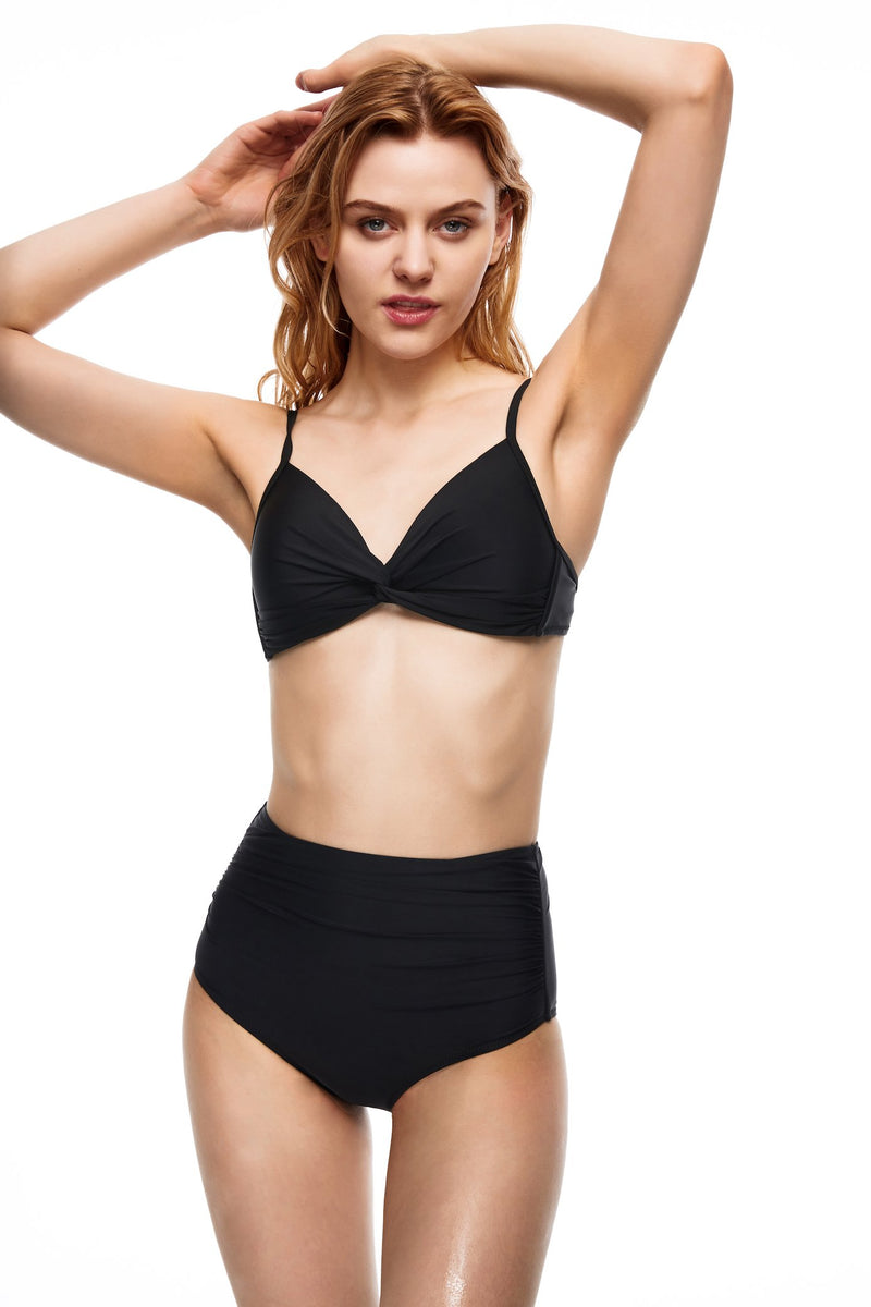 Seal front knot push up triangle bikini set black color full body front view